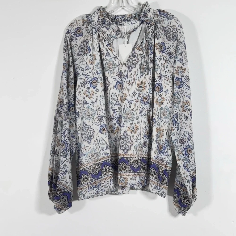 Fate Border‎ Print Tie Neck Peasant Blouse Womens Sz L Long Sleeve Cotton Voile